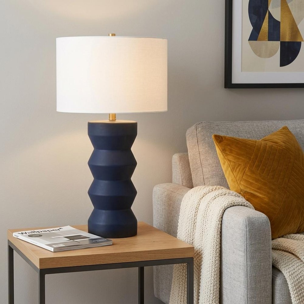 28" Navy Blue Geometric Table Lamp With Drum Shade HomeRoots