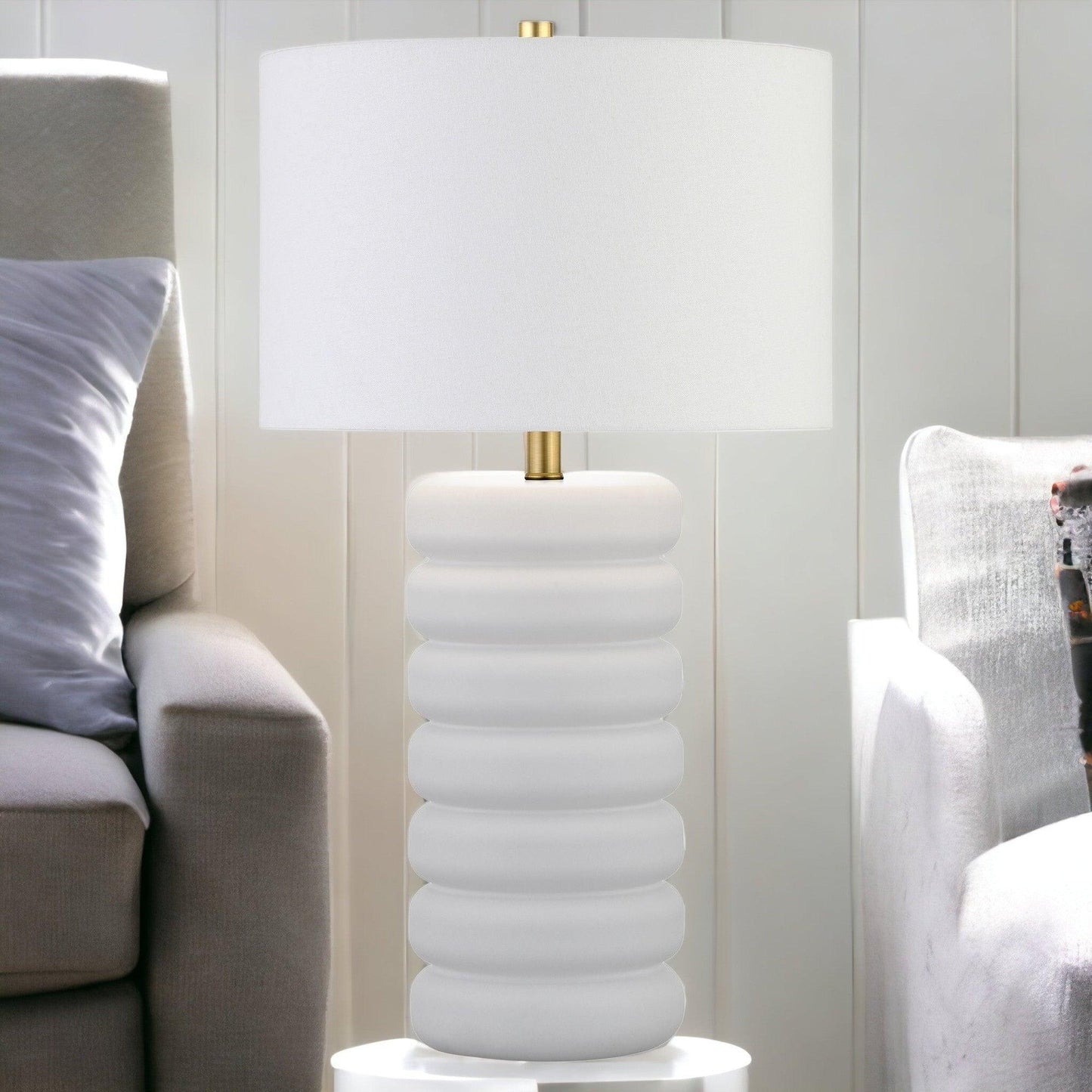 25" White Ceramic Table Lamp With White Drum Shade - FurniFindUSA