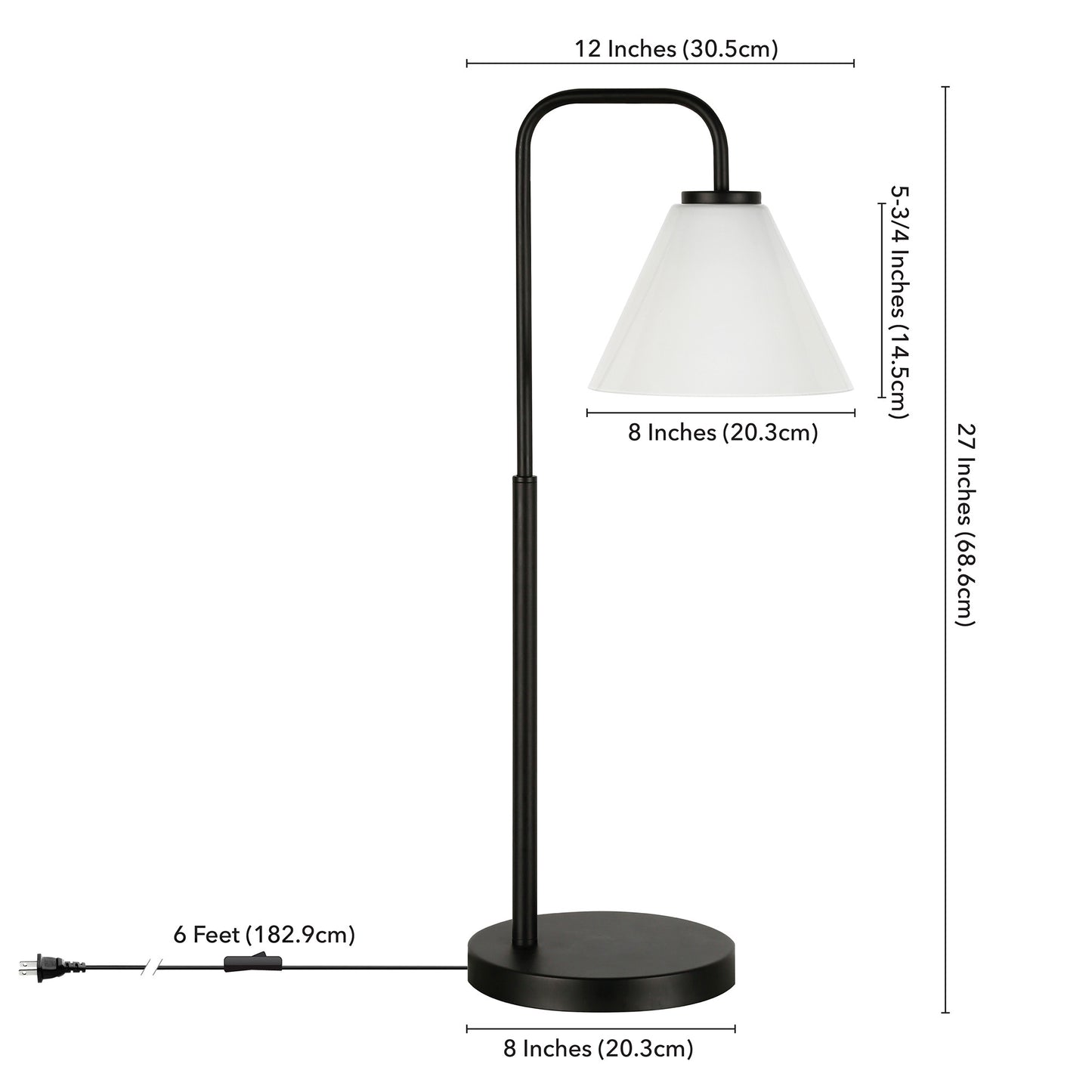 27" Black Metal Arched Table Lamp With White Cone Shade