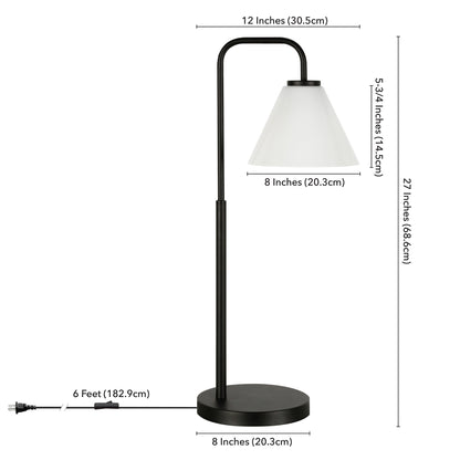 27" Black Metal Arched Table Lamp With White Cone Shade