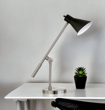 22" Nickel Metal Desk Table Lamp With Black Cone Shade