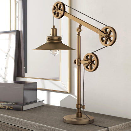 29" Brass Metal Desk Table Lamp With Brass Cone Shade