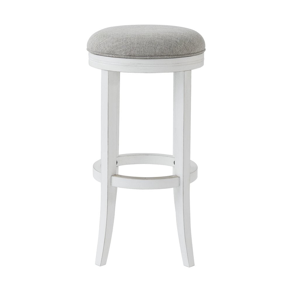 30" Gray And Antiqued White Linen And Solid Wood Backless Bar Height Swivel Bar Chair HomeRoots