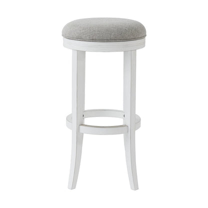 30" Gray And Antiqued White Linen And Solid Wood Backless Bar Height Swivel Bar Chair HomeRoots