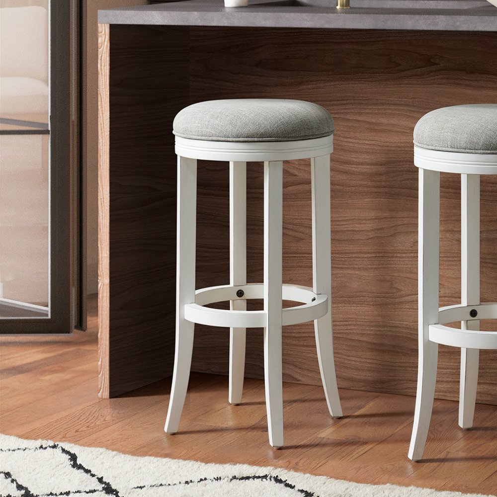 30" Gray And Antiqued White Linen And Solid Wood Backless Bar Height Swivel Bar Chair HomeRoots