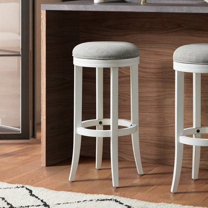 30" Gray And Antiqued White Linen And Solid Wood Backless Bar Height Swivel Bar Chair HomeRoots