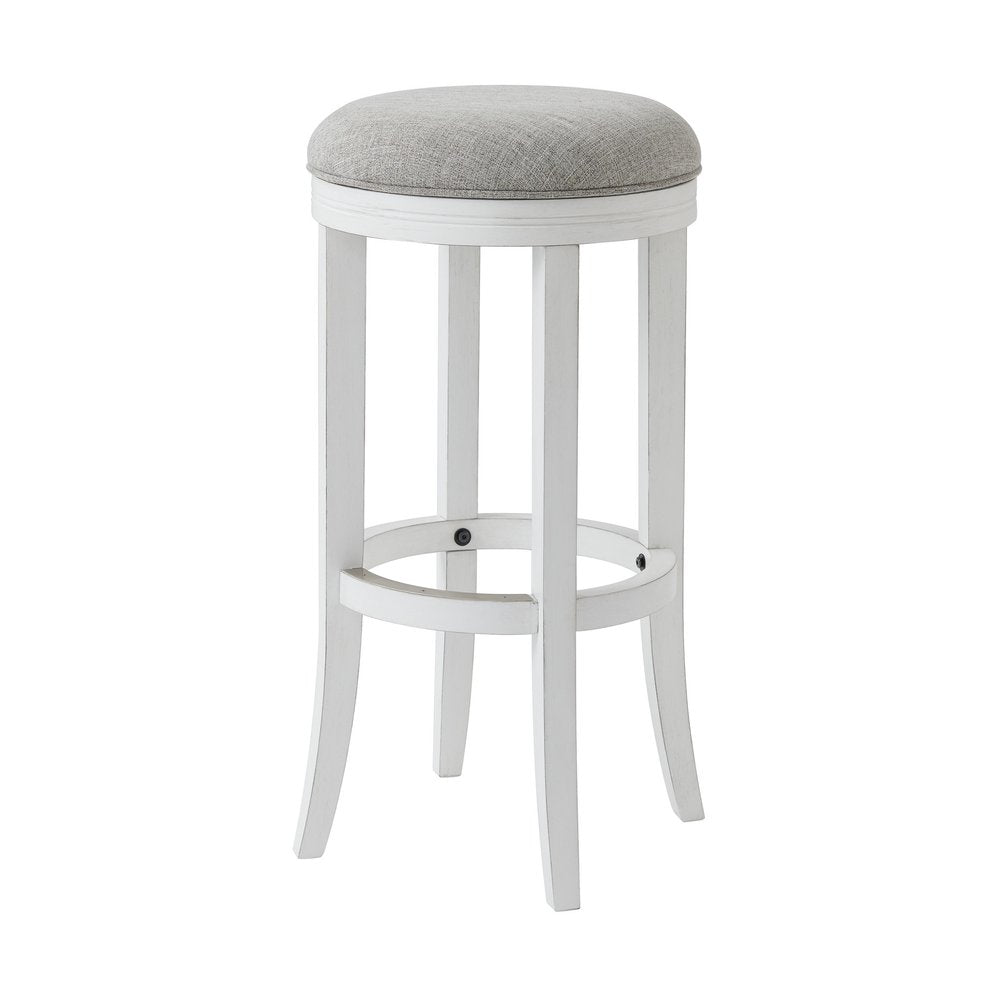 30" Gray And Antiqued White Linen And Solid Wood Backless Bar Height Swivel Bar Chair HomeRoots