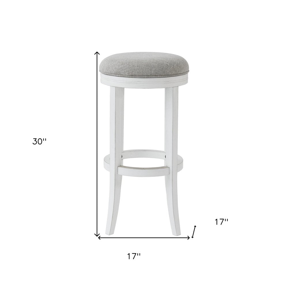 30" Gray And Antiqued White Linen And Solid Wood Backless Bar Height Swivel Bar Chair HomeRoots