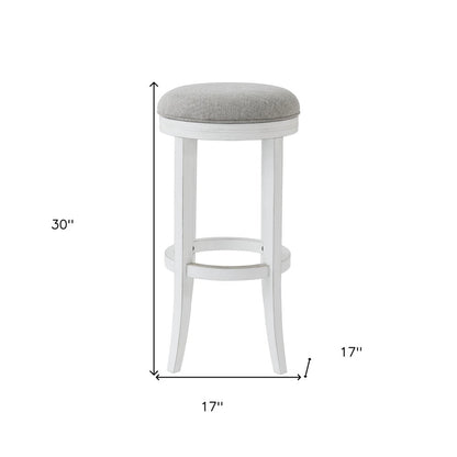 30" Gray And Antiqued White Linen And Solid Wood Backless Bar Height Swivel Bar Chair HomeRoots