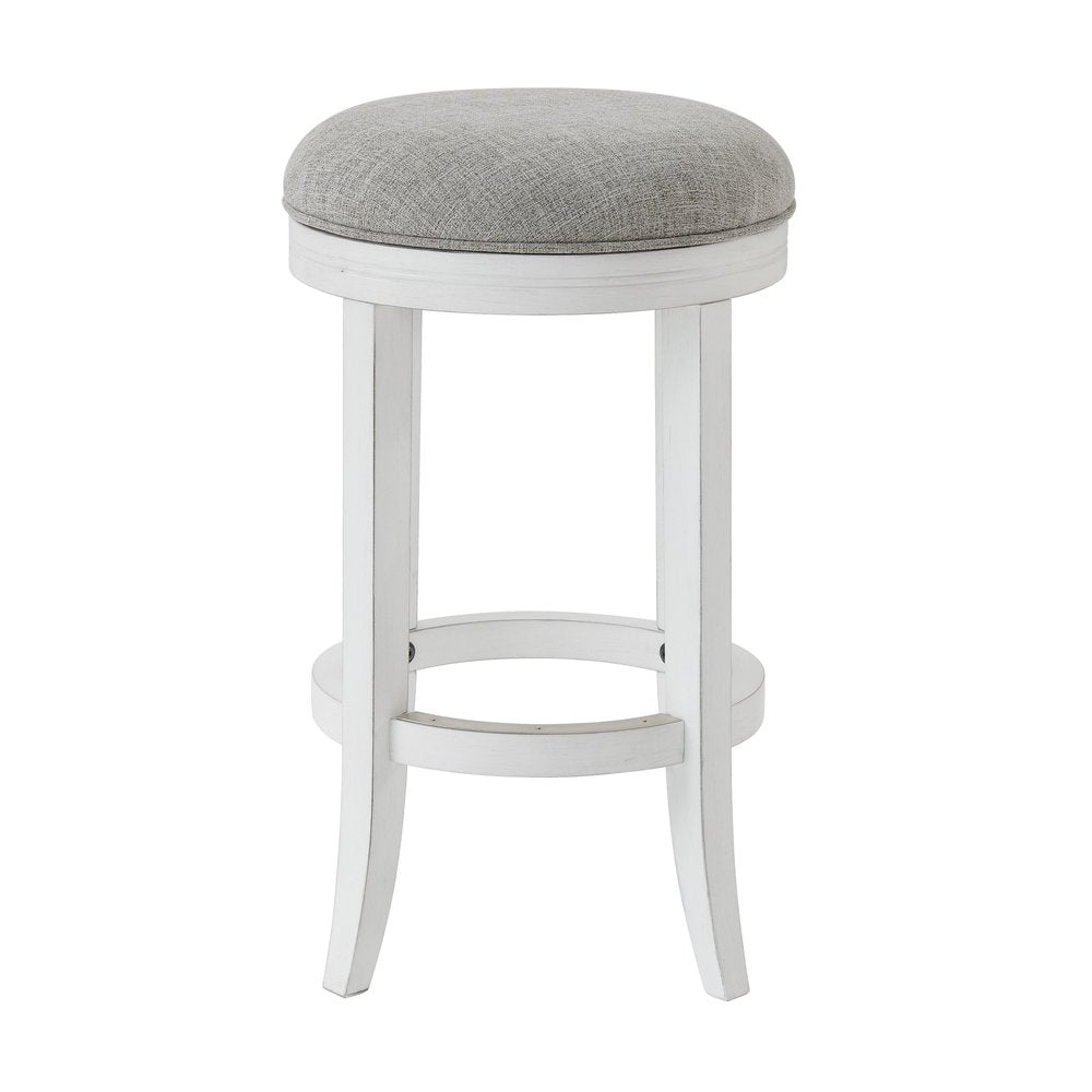 25" Gray And Antiqued White Linen And Solid Wood Backless Counter Height Swivel Bar Chair HomeRoots
