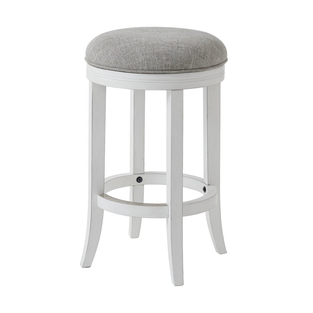 25" Gray And Antiqued White Linen And Solid Wood Backless Counter Height Swivel Bar Chair HomeRoots