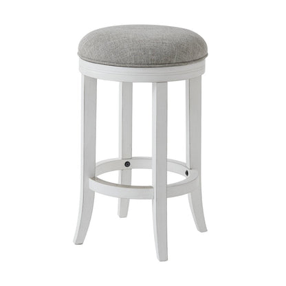 25" Gray And Antiqued White Linen And Solid Wood Backless Counter Height Swivel Bar Chair HomeRoots
