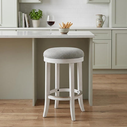 25" Gray And Antiqued White Linen And Solid Wood Backless Counter Height Swivel Bar Chair HomeRoots
