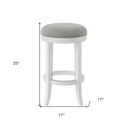 25" Gray And Antiqued White Linen And Solid Wood Backless Counter Height Swivel Bar Chair HomeRoots