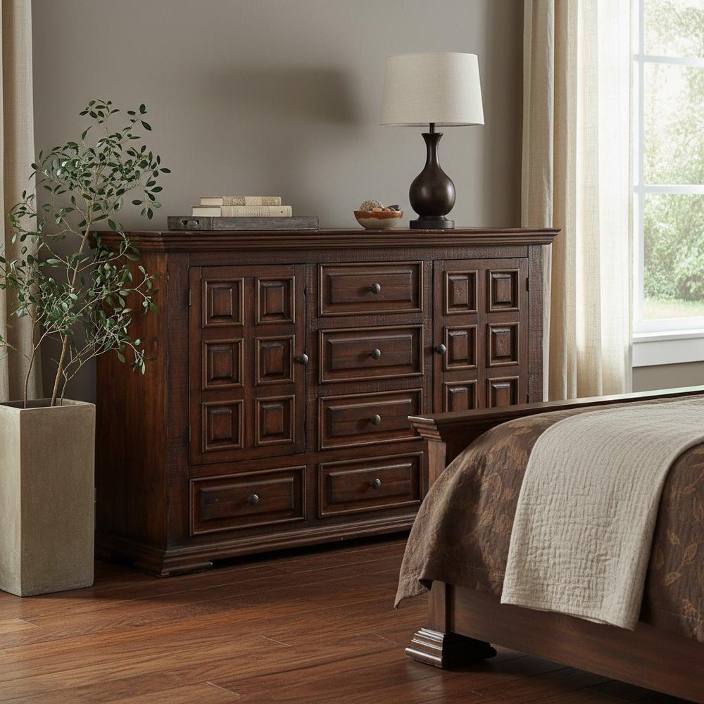42" Chocolate Carved Geometric Solid Wood Two Door Six Drawer Combo Dresser HomeRoots