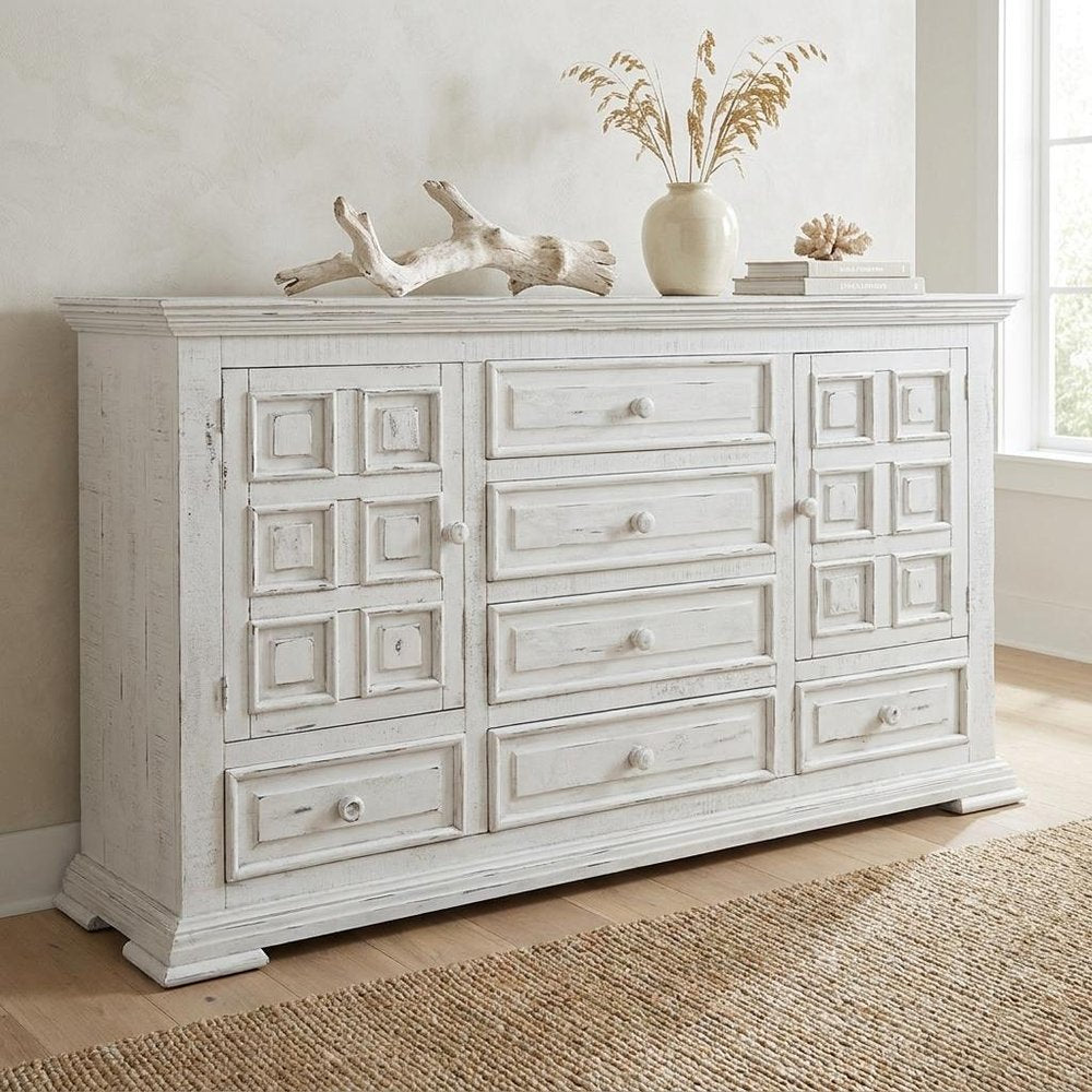43" White Raised Panel Solid Wood Two Door Six Drawer Combo Dresser — view 6