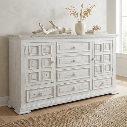 43" White Raised Panel Solid Wood Two Door Six Drawer Combo Dresser