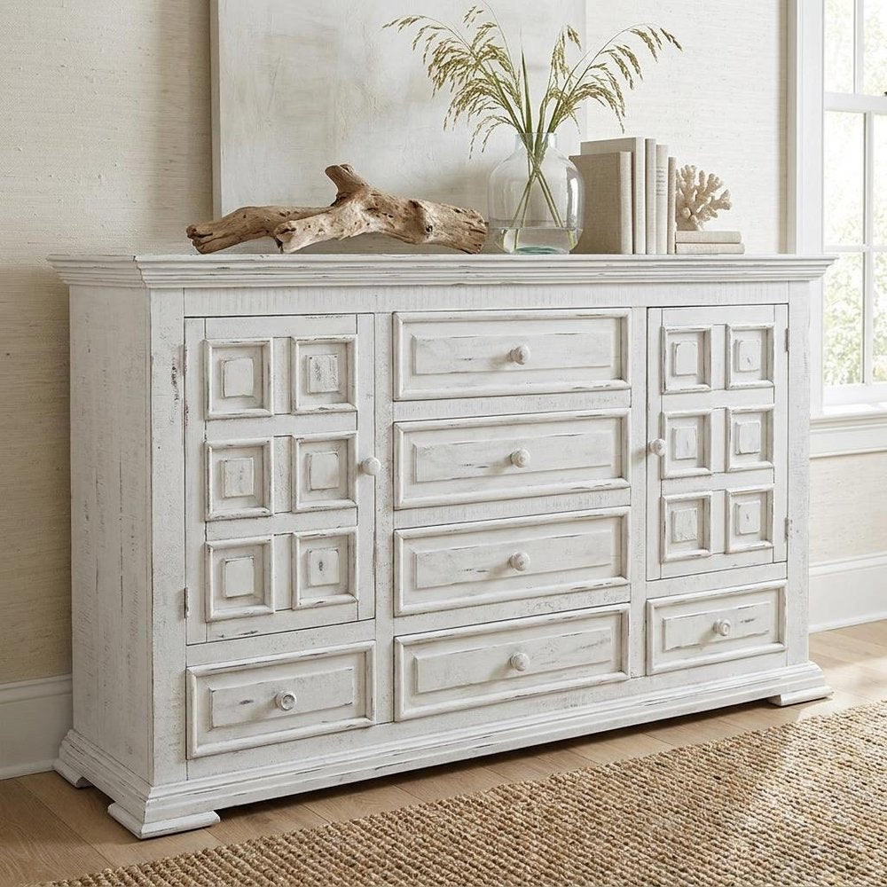 43" White Raised Panel Solid Wood Two Door Six Drawer Combo Dresser