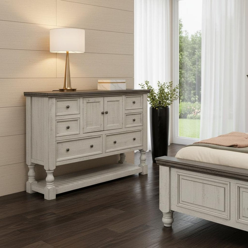 62" Gray and Ivory Solid Wood Six Drawer Triple Dresser HomeRoots