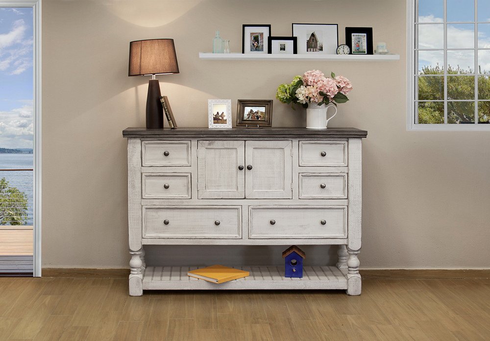 62" Gray and Ivory Solid Wood Six Drawer Triple Dresser — view 2