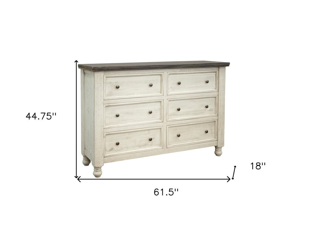 62" Gray And Ivory Solid Wood Six Drawer Double Dresser — view 2