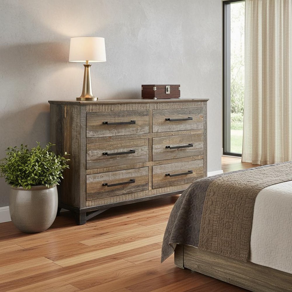 62" Brown Solid Wood Six Drawer Double Dresser HomeRoots