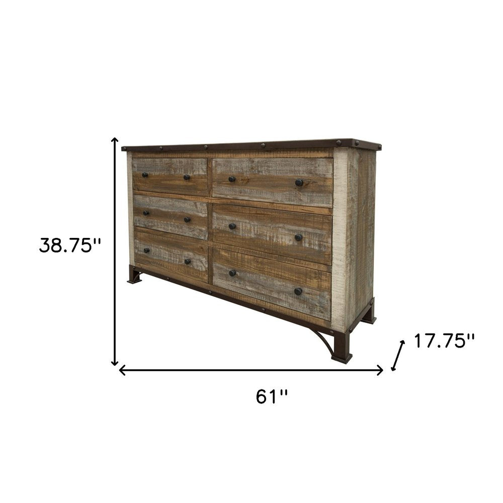 61" Brown Solid Wood Six Drawer Double Dresser HomeRoots