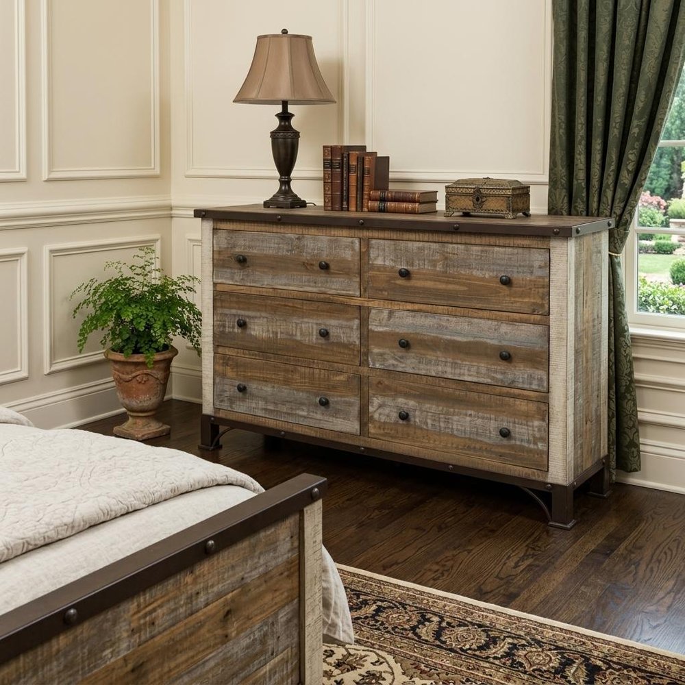 61" Brown Solid Wood Six Drawer Double Dresser — view 5