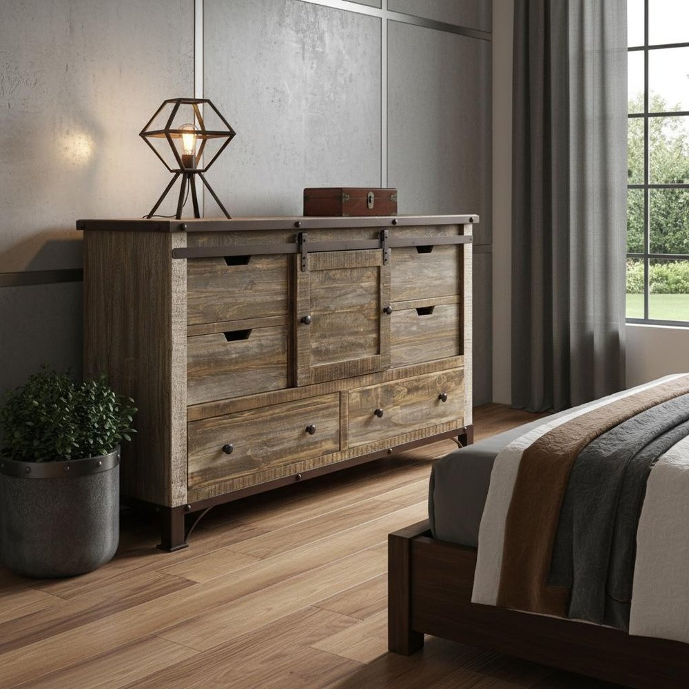 62" Brown Solid Wood Six Drawer Triple Dresser — view 3