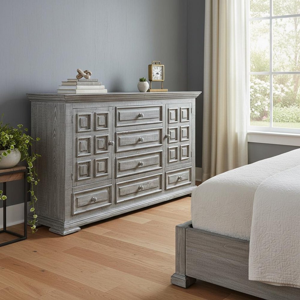 39" Gray Carved Geometric Solid Wood Two Door Six Drawer Combo Dresser — view 5