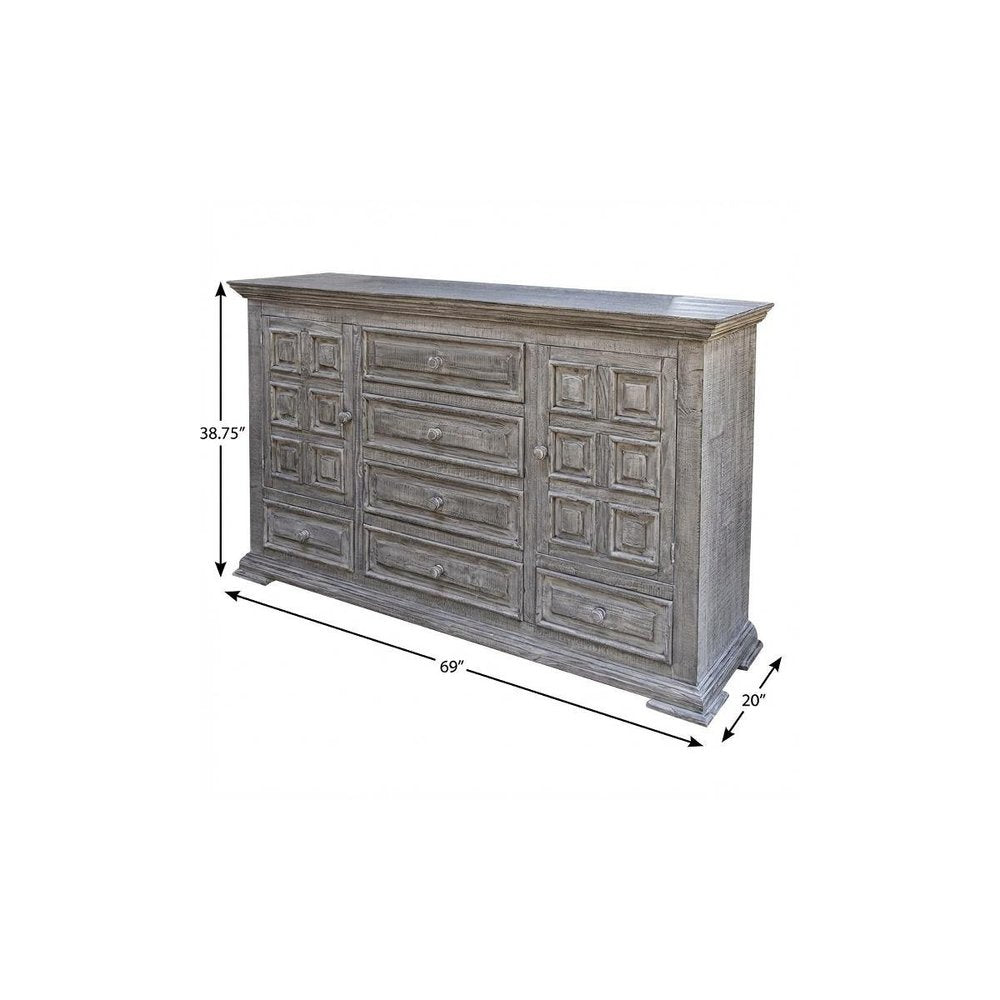 39" Gray Carved Geometric Solid Wood Two Door Six Drawer Combo Dresser HomeRoots