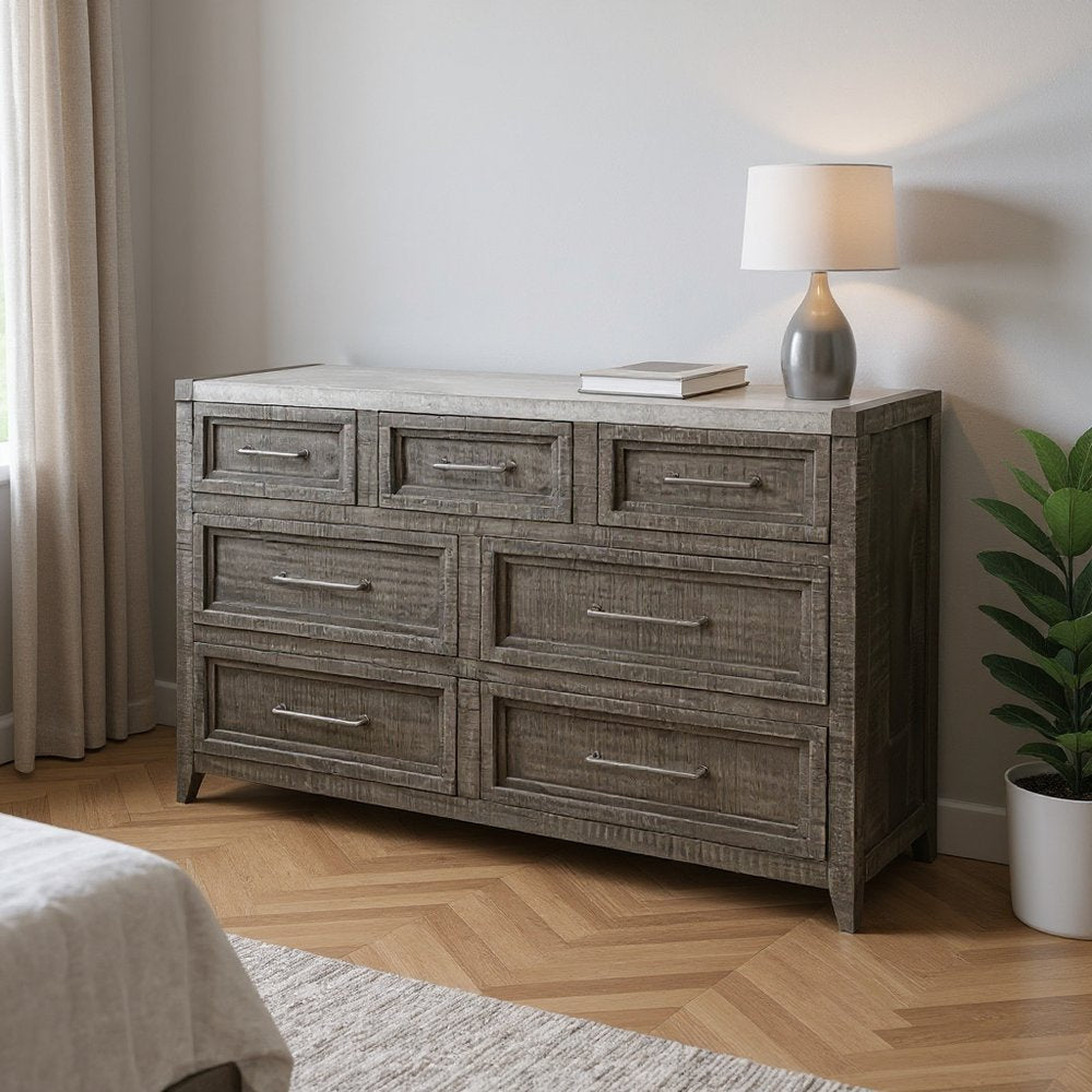 62" Gray Solid Wood Seven Drawer Triple Dresser HomeRoots