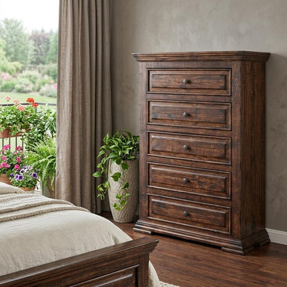 37" Chocolate Solid Wood Five Drawer Dresser HomeRoots