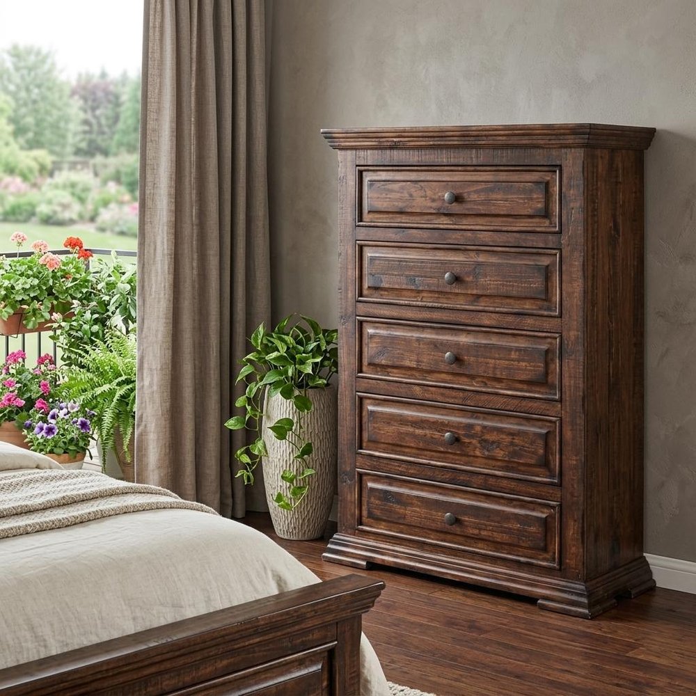37" Chocolate Solid Wood Five Drawer Dresser HomeRoots