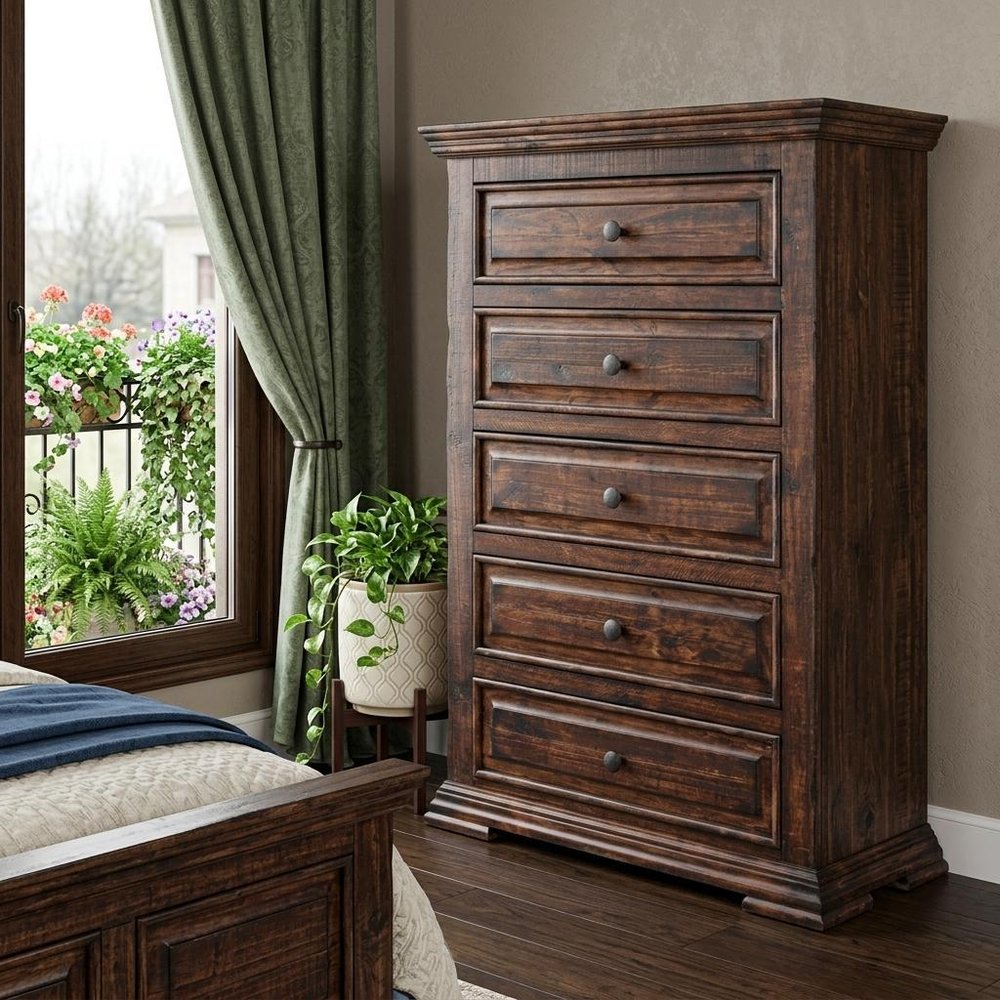 37" Chocolate Solid Wood Five Drawer Dresser HomeRoots