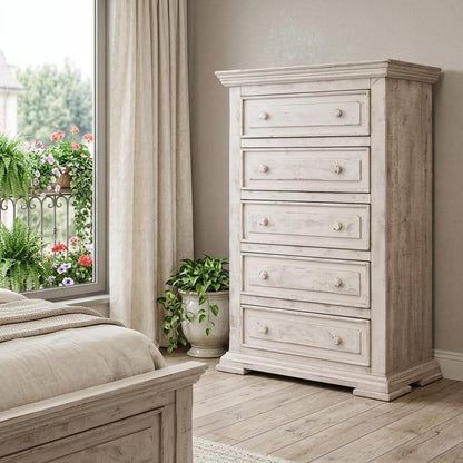 37" White Solid Wood Five Drawer Dresser HomeRoots