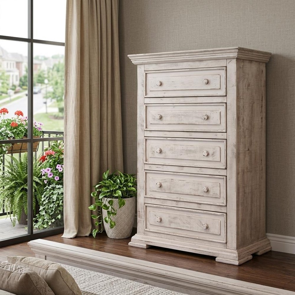 37" White Solid Wood Five Drawer Dresser