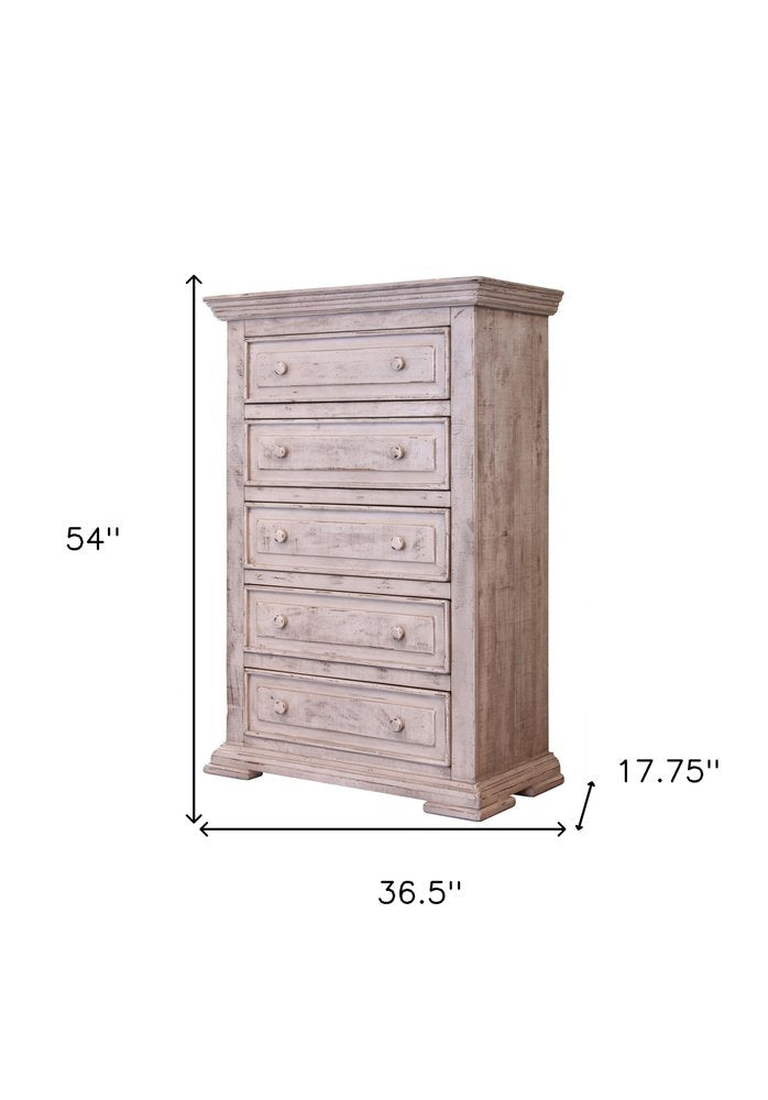 37" White Solid Wood Five Drawer Dresser HomeRoots