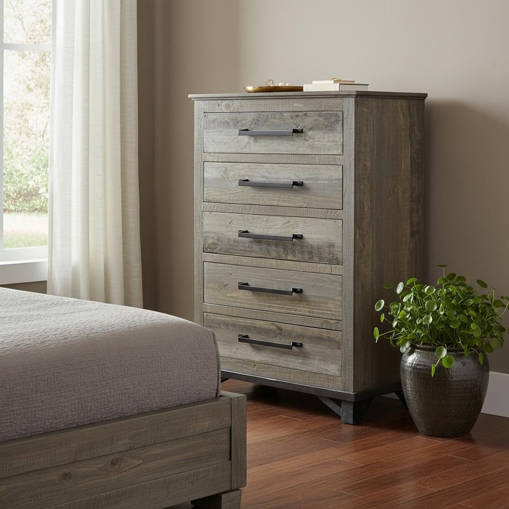 37" Gray Solid Wood Five Drawer Dresser — view 2