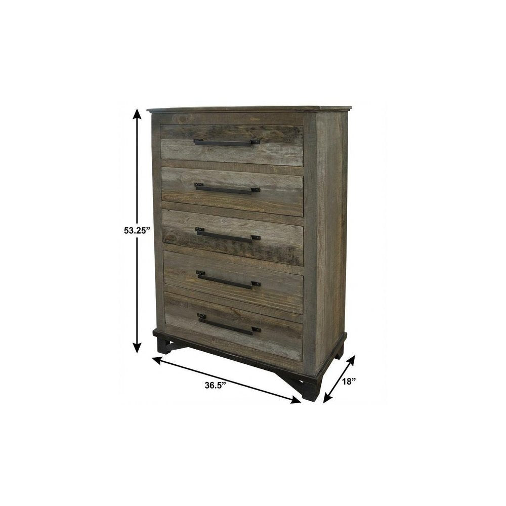 37" Gray Solid Wood Five Drawer Dresser — view 3