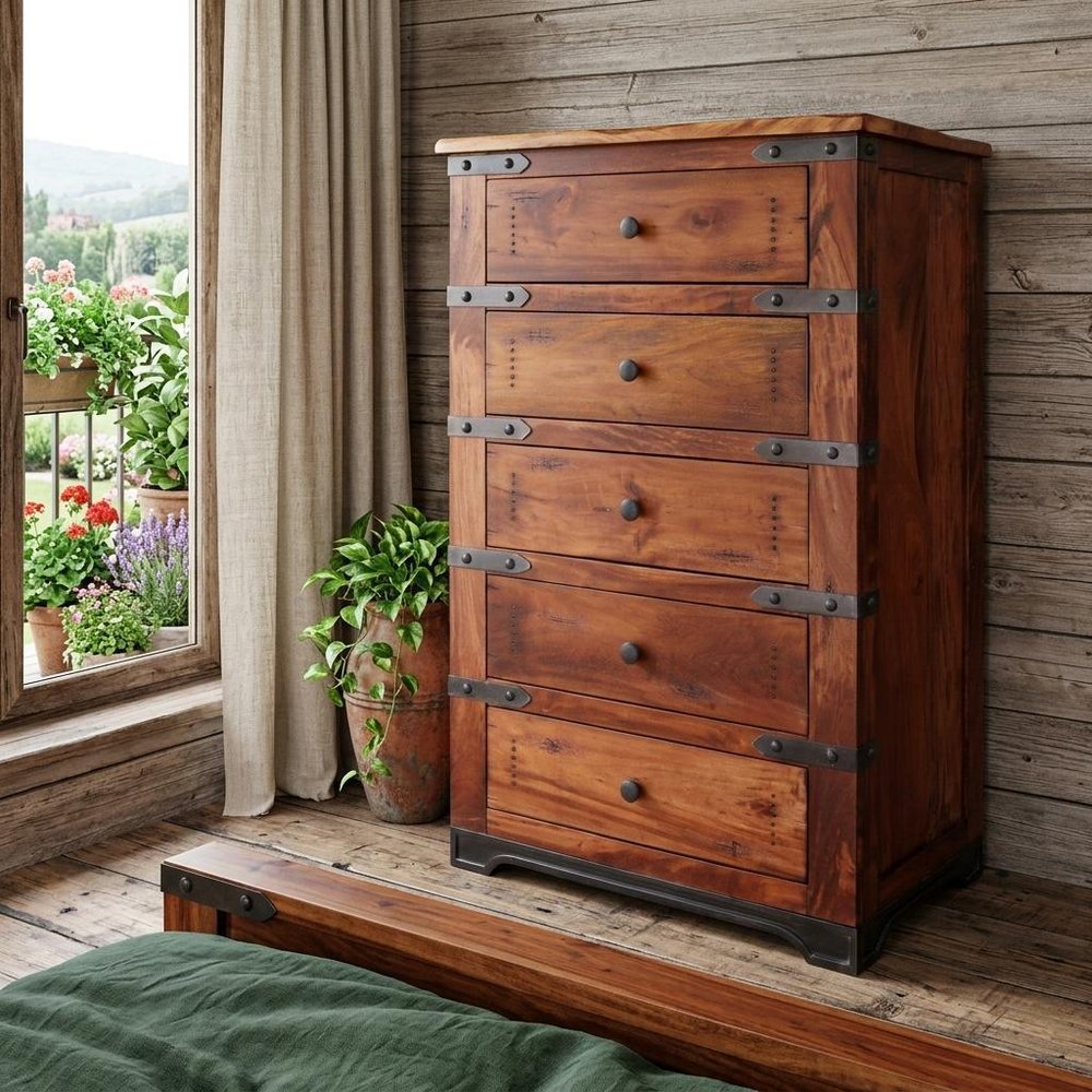 36" Natural Solid Wood Five Drawer Dresser HomeRoots