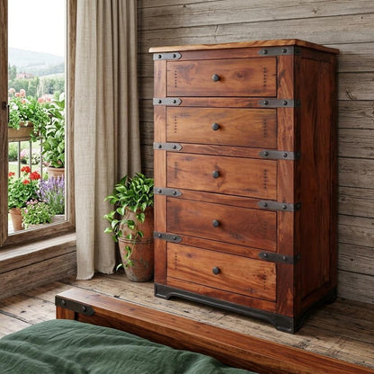 36" Natural Solid Wood Five Drawer Dresser HomeRoots