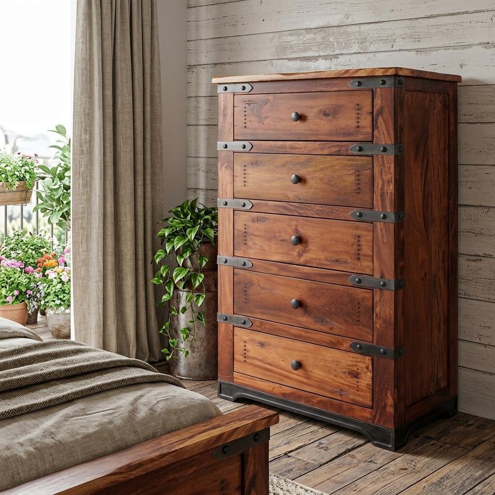 36" Natural Solid Wood Five Drawer Dresser HomeRoots
