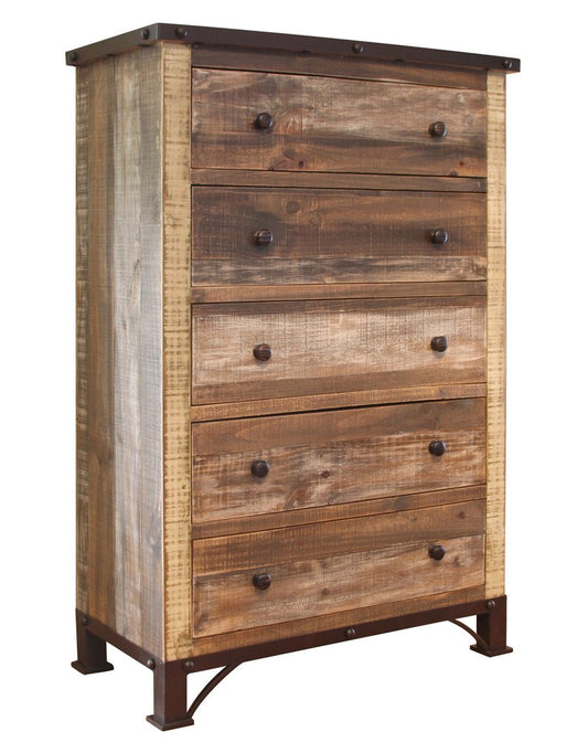 36" Brown Solid Wood Five Drawer Dresser