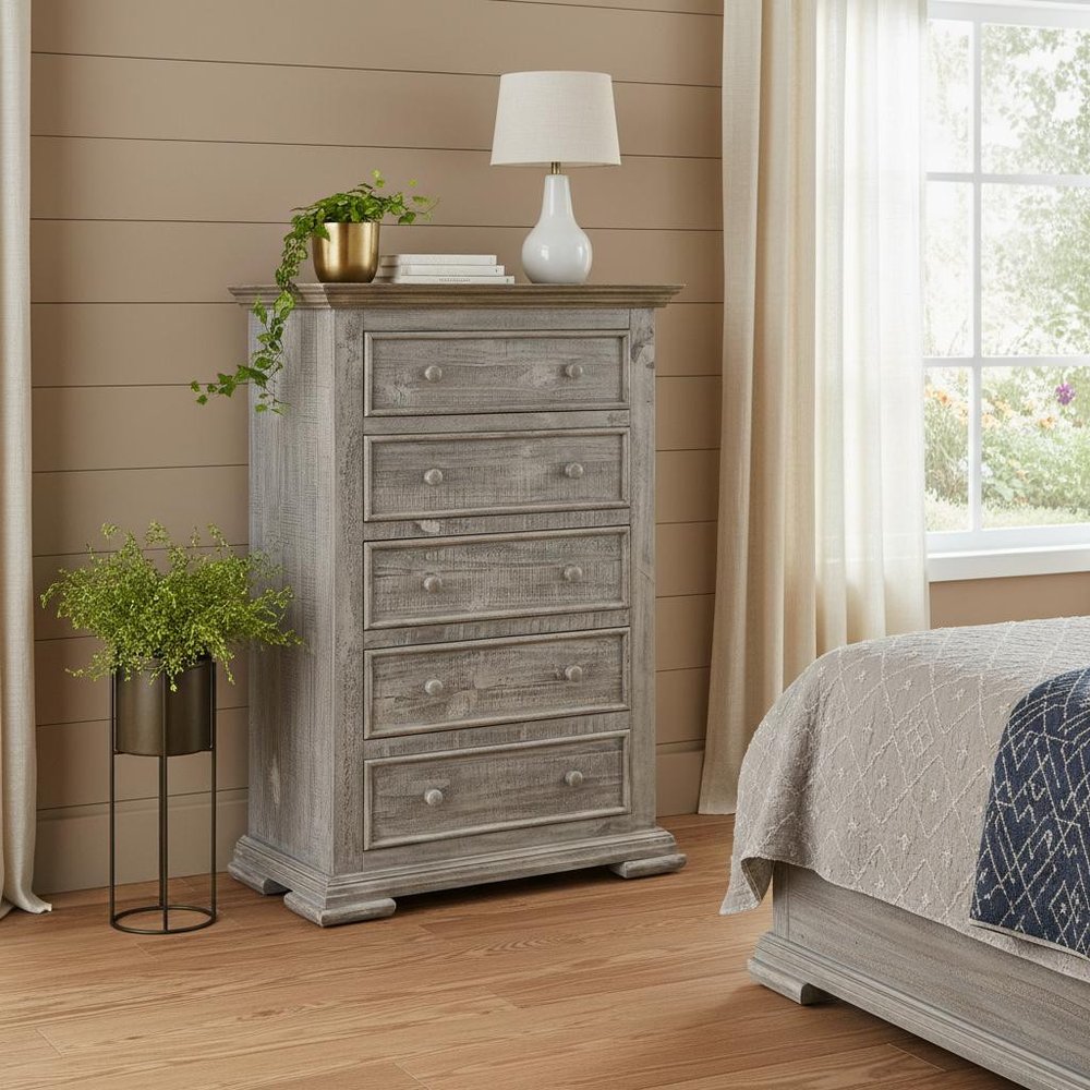 37" Gray Solid Wood Five Drawer Chest HomeRoots