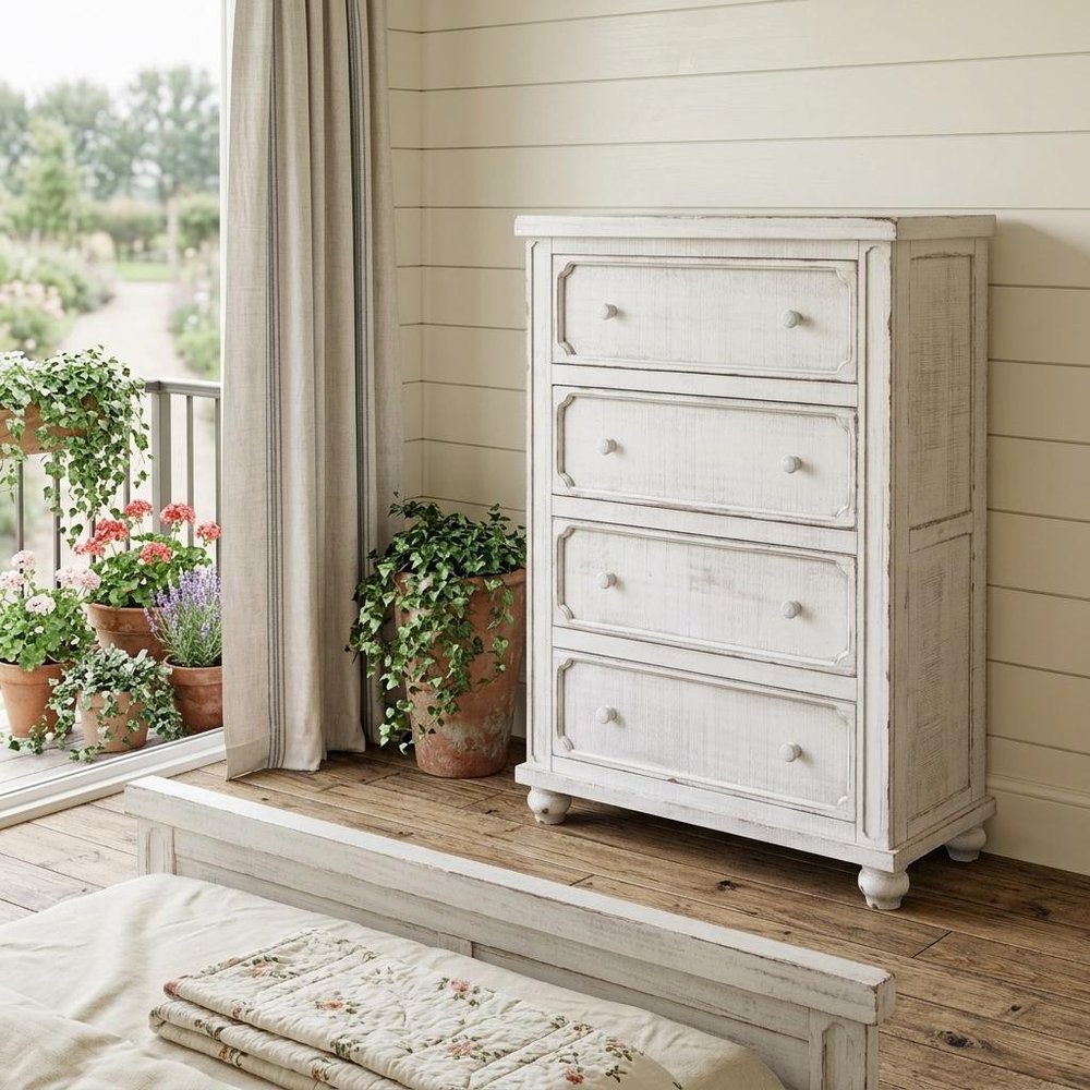 37" Antiqued White Solid Wood Four Drawer Dresser HomeRoots