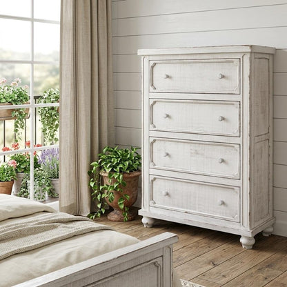 37" Antiqued White Solid Wood Four Drawer Dresser HomeRoots