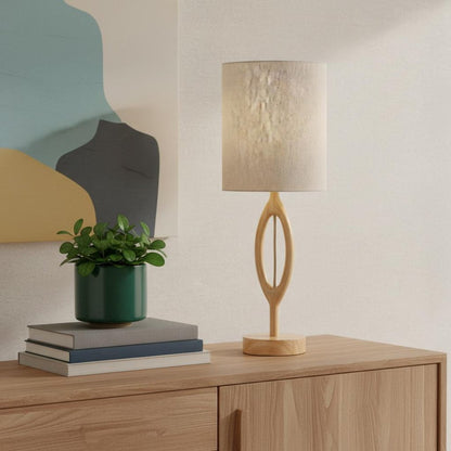28" Natural Solid Wood Round Table Lamp With Beige Drum Shade HomeRoots