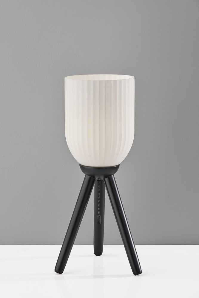 23" Black Solid Wood Tripod Table Lamp With White Ribbed Glass Shade HomeRoots