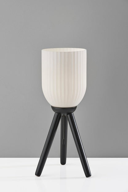 23" Black Solid Wood Tripod Table Lamp With White Ribbed Glass Shade HomeRoots